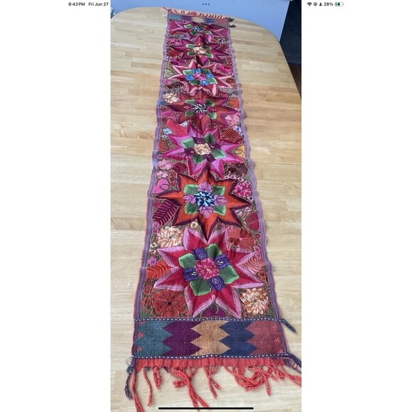 Antique Table Runner 90”x15” Vibrant Colors Intricate Embroidery Floral and Star - Picture 1 of 12